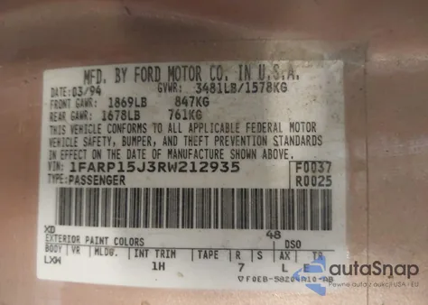 1994 Ford Escort Lx/Sport from USA, damaged, VIN 1FARP15J3RW212935